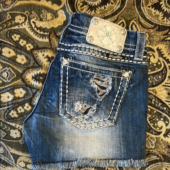 COPY - Miss Me 29 Dark Blue Denim Shorts with Distressed Accents - Picture 1 of 16